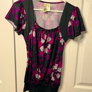 BLACK FLOWER PINK AND PURPLE WOMENS TOP WITH SPARKLES